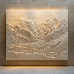 Beige Stone Relief Panel Featuring a Textured Mountain Landscape Under Warm Lighting, Interior Wall Art