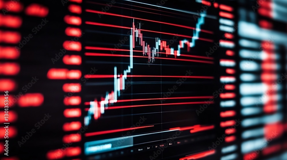 Poster stock market graphs illustrating upward trends with bright red markers and buying signals : generati