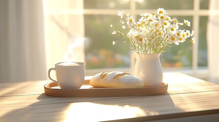 Delicious breakfast scene featuring steaming coffee and freshly baked bread with flowers in sunlight : Generative AI