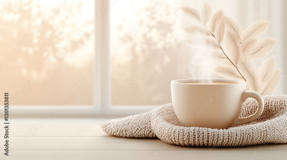 Poster Warm and Inviting Cup of Coffee with Steam on Cozy Table Setting in Soft Natural Light : Generative AI