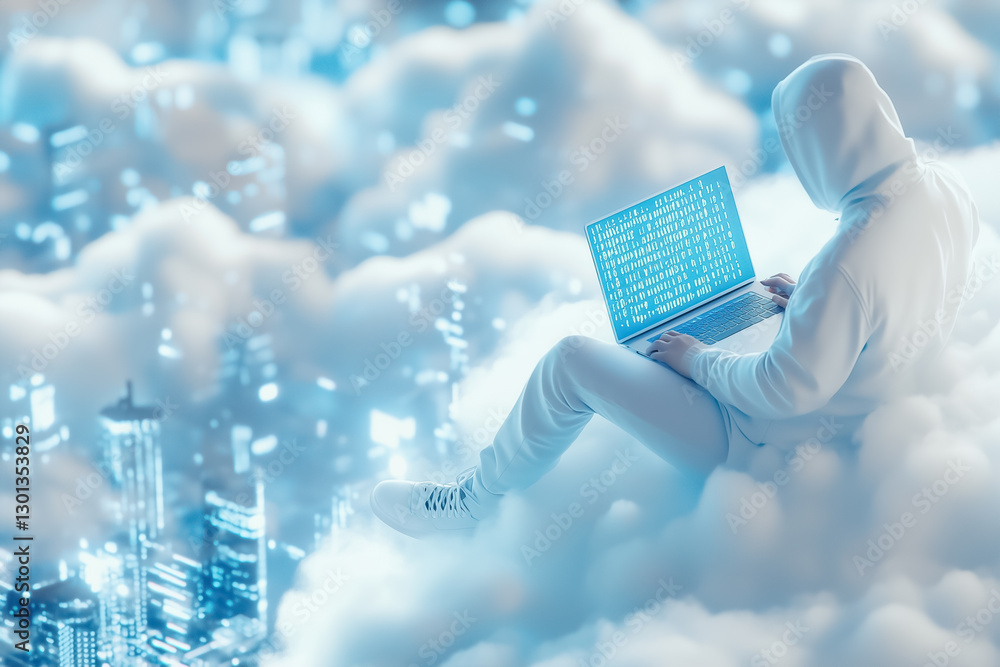 Poster a software developer sits comfortably on a white fluffy cloud, immersed in coding on a laptop, with 
