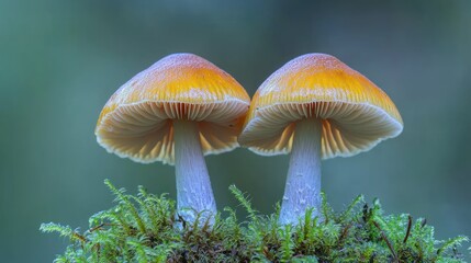 Delicate duo of mushrooms thriving on a vibrant bed of moss