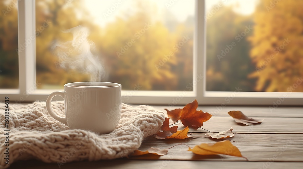 Aufkleber beautiful steaming coffee nestled beside fallen autumn leaves on a knit blanket in a warm setting : 