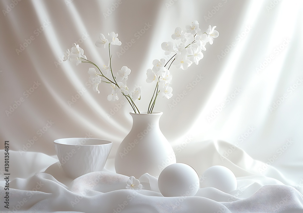 Aufkleber elegant white ceramic vase with flowers complemented by round pottery forms on soft fabric : generat