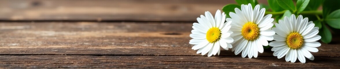 Obraz premium Fresh daisies blooming beautifully on wooden surface, petals, colorful
