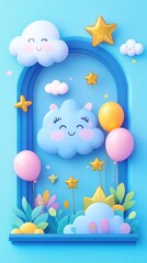 Playful and Colorful Illustration of Clouds, Balloons and Stars