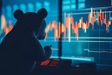 Bear figure analyzing trading screen with candlestick patterns. Generative AI