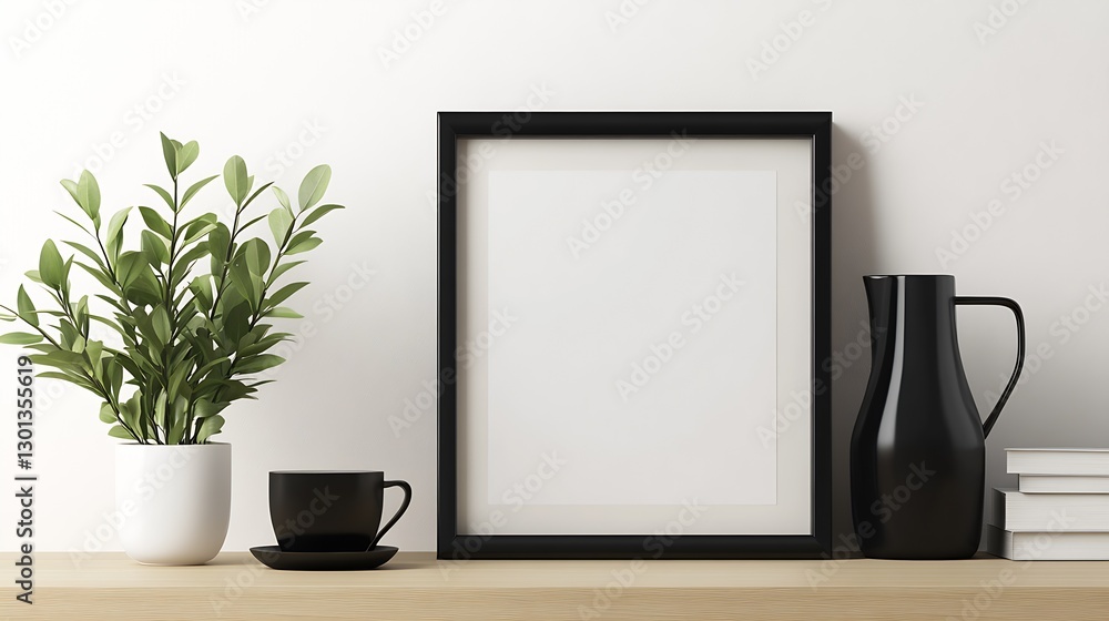 Aufkleber Minimalist Home Decor with a Blank Frame and Elegant Tableware on a Simple Wooden Surface : Generative AI