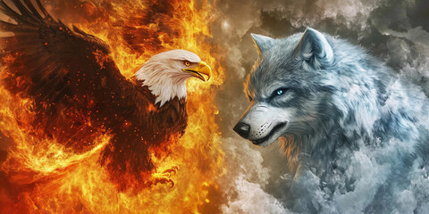 Eagle and icy wolf engage in powerful standoff. Generative AI