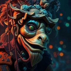 Fototapeta premium Opulent Puppet with Detailed Textures in Earth Tones and Teal Accents, Dreamlike and Mystical Atmosphere