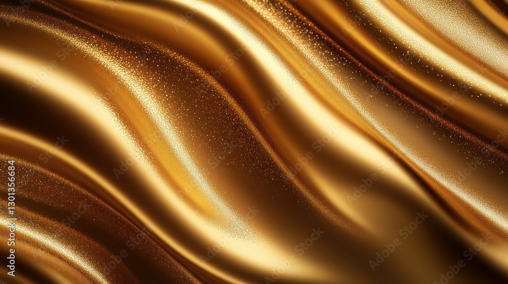 Poster golden fabric texture showcasing smooth curves and sparkling particles