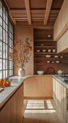 This kitchen showcases clean lines and natural wood cabinetry, blending simplicity with functionality