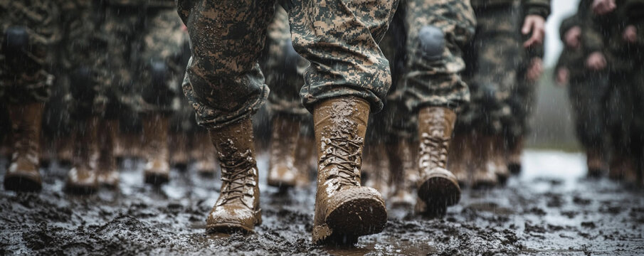Marching soldiers navigate muddy terrain during rain. Generative AI