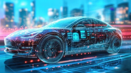 A futuristic electric car with digital schematics on display