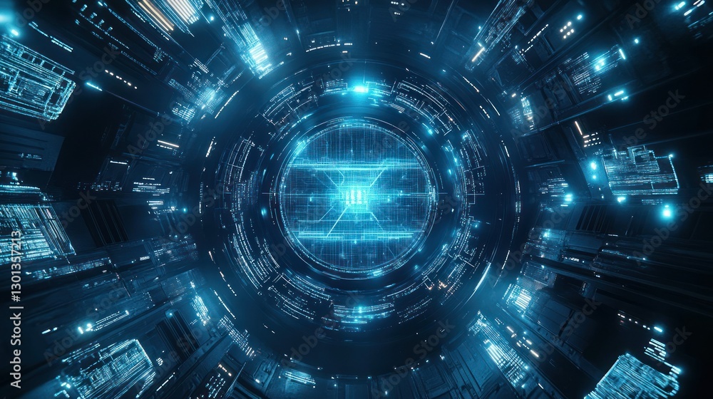 Poster a futuristic digital tunnel of data and integrated circuit design