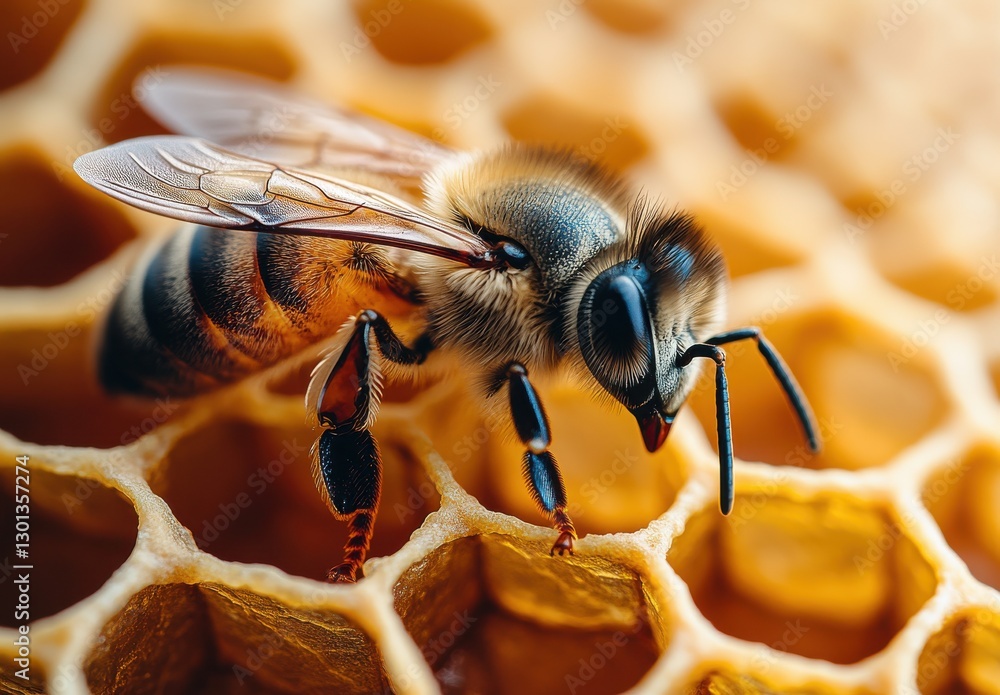 Poster close-up view of a honey bee collecting nectar on a honeycomb surface with detailed features and tex