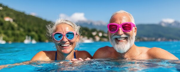 Embrace vitality with this image showcasing a senior couple swimming laps in an outdoor pool, exemplifying a deep commitment to health and fitness Witness their joyful dedication to an active