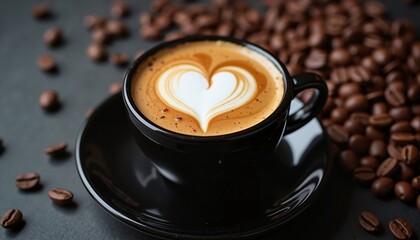 Heart-shaped latte art in black cup with coffee beans, morning routine inspiration