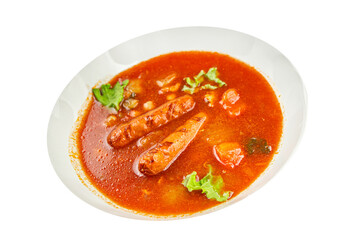 Tomato soup with sausages fresh tasty food dish delicious gourmet food background on the table rustic food top view copy space