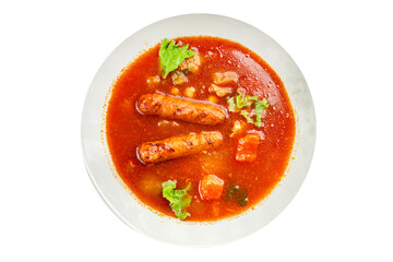 Tomato soup with sausages fresh tasty food dish delicious gourmet food background on the table rustic food top view copy space