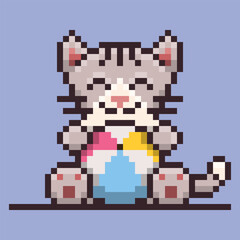 A pixel art illustration of a adorable cat or kitten sitting upright, holding a multicolored beach ball. The colorful beach ball, making the image fun and playful.