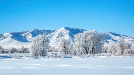 Winter landscape shows a frozen river and snow covered mountains perfectly