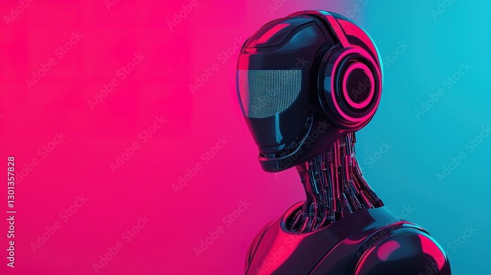Poster futuristic ai technology robot head digital mind display gigapixel standard scale neon environment c
