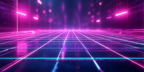 Futuristic neon grid landscape with vibrant pink and blue streaks stretching to horizon against dark background