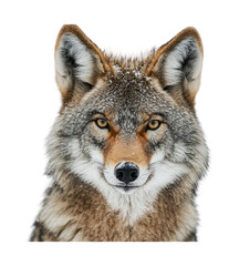 Fototapeta premium Capturing the majestic presence of a coyote in a wintry environment, showcasing its striking features and fur texture under gentle snowfall, cut out