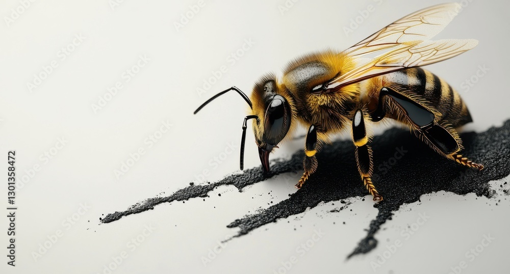Poster close-up view of a honey bee interacting with black powder on a smooth surface in a minimalist studi