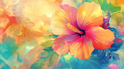 Colorful Hibiscus Flower Painting with Abstract Background for Tropical Vibe