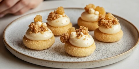 Delicious Gourmet Pastries Artfully Arranged on a Ceramic Plate in a Cozy Setting.