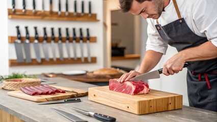Butcher preparing a fresh cut of beef in a butcher shop setting.