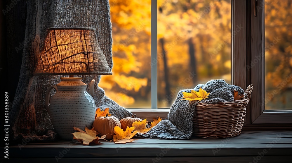 Aufkleber cozy autumn scene with stylish lamp and colorful leaves by window creating a warm ambiance : generat