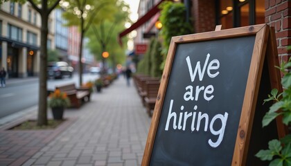 Urban sidewalk with We are hiring sign, recruitment opportunity advertisement