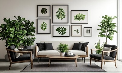 Contemporary living room arrangement with botanical artworks and vibrant plants establishing a fresh vibe : Generative AI