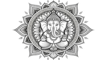 Spiritual Ganesha Ink Drawing with Ornate Mandala Background