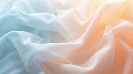 Obraz premium Delicate pastel gradient fabric with a soft ombre shift from light blue to peachy orange. Close-up view of translucent folds, illuminated by natural, diffused light, creating a dreamy and elegant