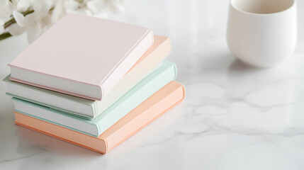 Stack of pastel books mockup on marble surface