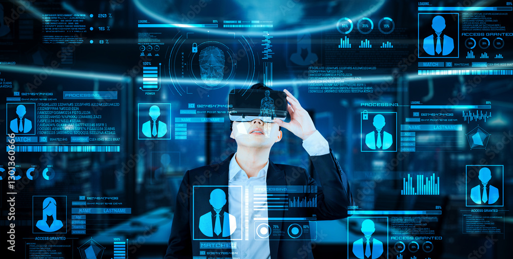 Poster project manager looking security system hologram and standing at futuristic office with blue glowing