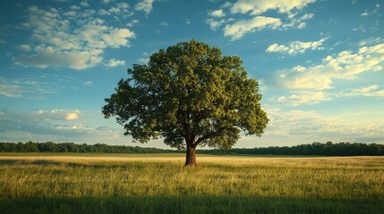 Fototapeta premium A large tree stands in a field of grass 