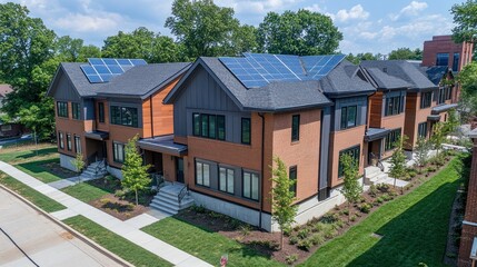 Modern row houses feature solar panels with architectural design