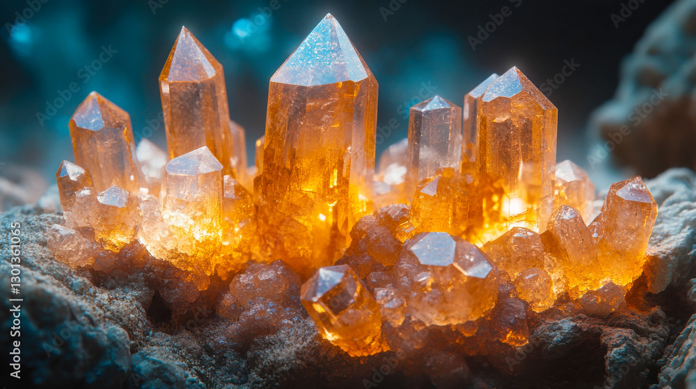 Poster glowing amber crystal cluster with sharp edges and a luminous core, set against a dark background