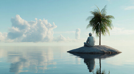 An old man sits on an island in the middle of calm water.