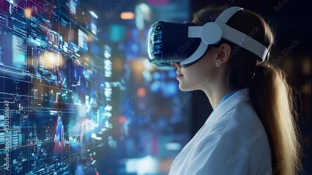Poster a researcher woman engages with advanced virtual reality technology while analyzing data displayed o