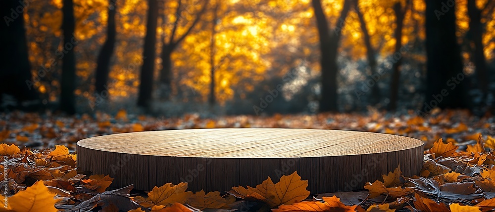 Poster serene forest scene with vibrant autumn leaves highlighting a wooden platform for product displays :