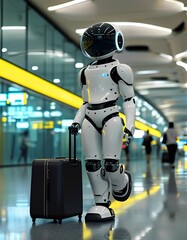 A humanoid robot in a sleek design stands in an airport terminal, holding a suitcase. Passengers move in the background, creating a bustling travel atmosphere.