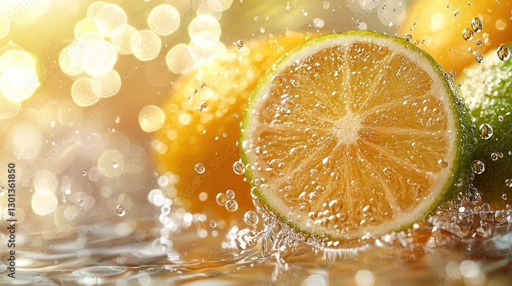 Poster fresh lime and lemon slices splashing in water with bokeh lights
