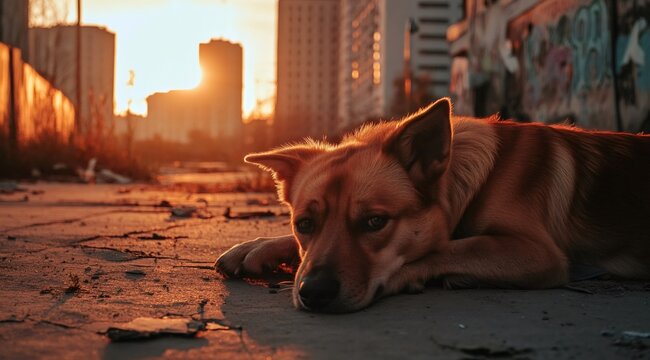 Homeless red haired canine resting on gritty pavement, urban sunset casting long shadows, expressing profound solitude