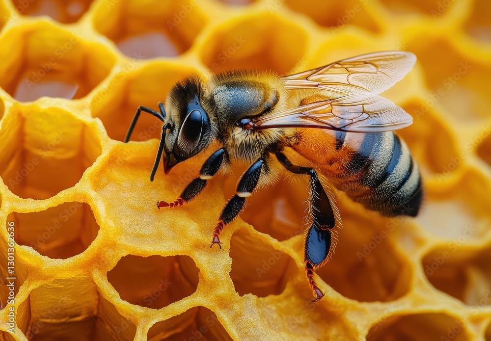 Aufkleber close-up view of a honeybee collecting nectar from golden honeycomb in a detailed macro photography 